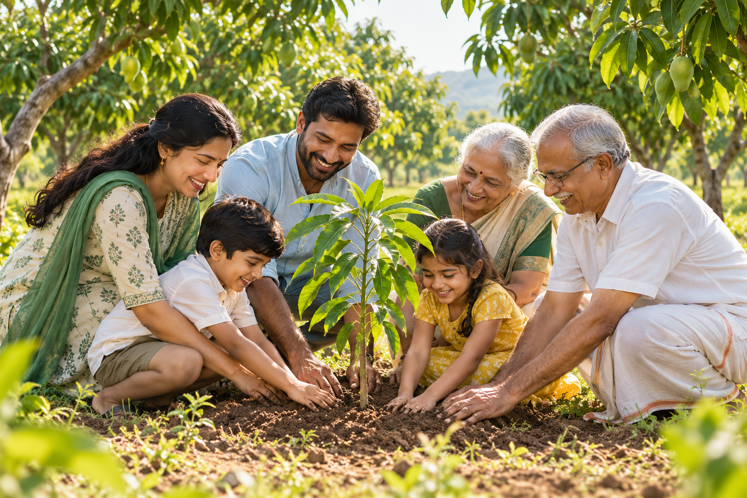 Illustrative Indian family planting a young tree together in an orchard